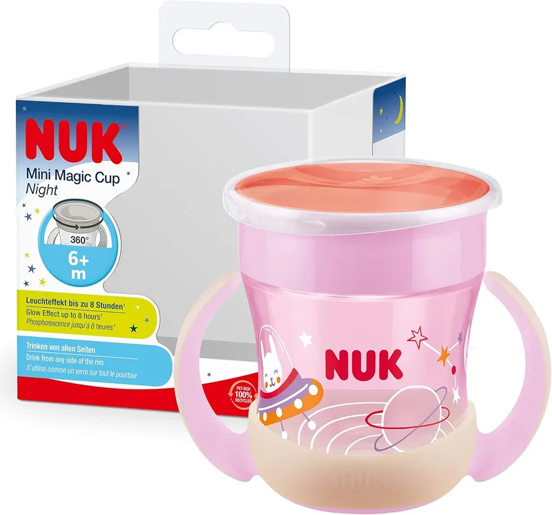 NUK ▫️ Mini Magic Cup Copo para beber à noite +6 meses | 160 ml | Rebordo antiderrame 360° para beber de todos os lados | Brilha no escuro | Sem BPA | Coelhinho (cor-de-rosa)