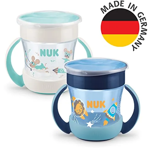 NUK ▫️ Mini Magic Cup Night – copo com bico para beber | +6 meses | 160 ml | Borda à prova de derrames de 360° para beber de qualquer lado | Brilha no escuro | Sem BPA | Leão (azul) | 2 unidades. 6
