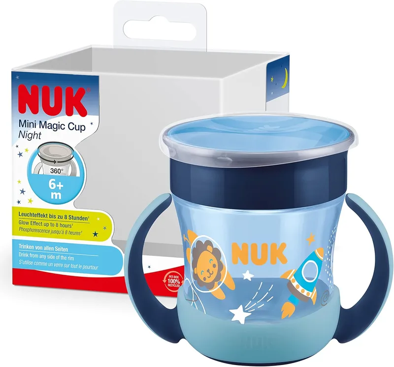 NUK ▫️ Mini Magic Cup Copo de chupeta noturno : +6 meses : 160 ml : Rebordo antiderrame de 360° para beber de todos os lados : Brilha no escuro : Sem BPA : Azul