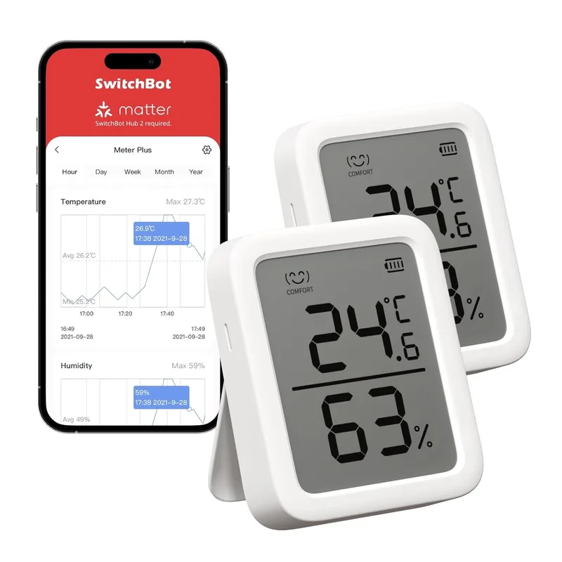SwitchBot ▫️ Termómetro e higrómetro de interior, conjunto de 2, sensor de temperatura e humidade de interior com alertas inteligentes e 68 dias de armazenamento de dados, Bluetooth