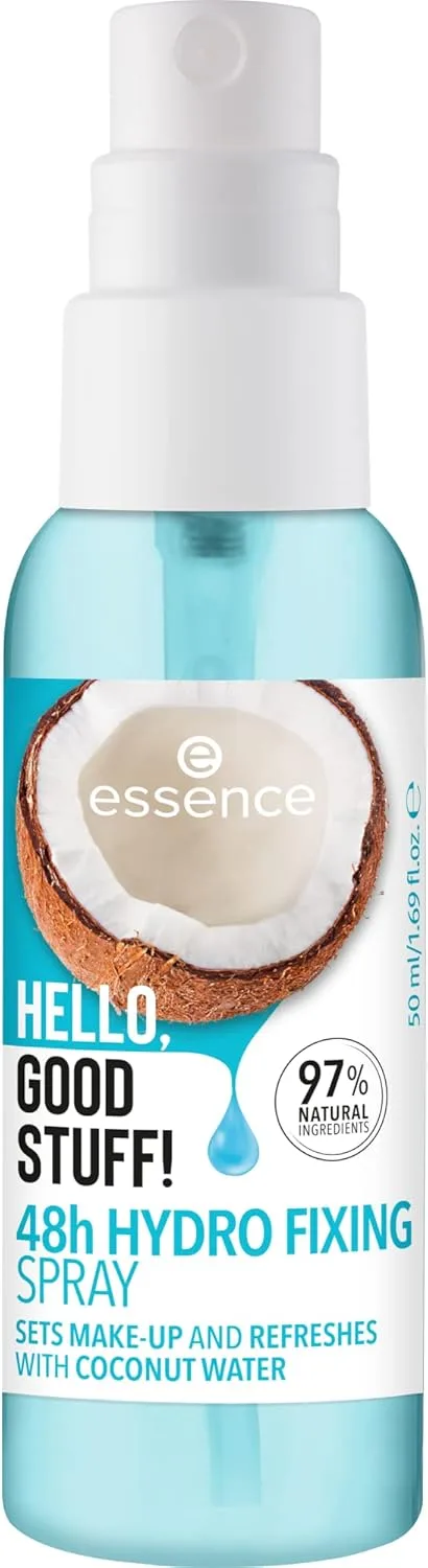 Essence Cosmetics ▫️ essence SPRAY FIXADOR HIDRATANTE 48h HELLO, GOOD STUFF!, hidratar/humedecer, fixação, revitalizar, natural, spray (50 ml)