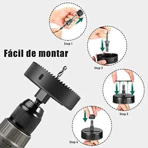 HYCHIKA BETTER TOOLS FOR BETTER LIFE ▫️ HYCHIKA Brocas de Coroa, conjunto de 19 peças de serras circulares com 13 serras de Ø19-127 mm, broca ideal para painéis de madeira finos, placas de PVC e plástico 2