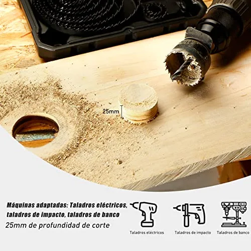 HYCHIKA BETTER TOOLS FOR BETTER LIFE ▫️ HYCHIKA Brocas de Coroa, conjunto de 19 peças de serras circulares com 13 serras de Ø19-127 mm, broca ideal para painéis de madeira finos, placas de PVC e plástico 4