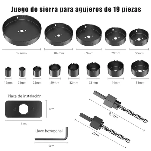 HYCHIKA BETTER TOOLS FOR BETTER LIFE ▫️ HYCHIKA Brocas de Coroa, conjunto de 19 peças de serras circulares com 13 serras de Ø19-127 mm, broca ideal para painéis de madeira finos, placas de PVC e plástico 6