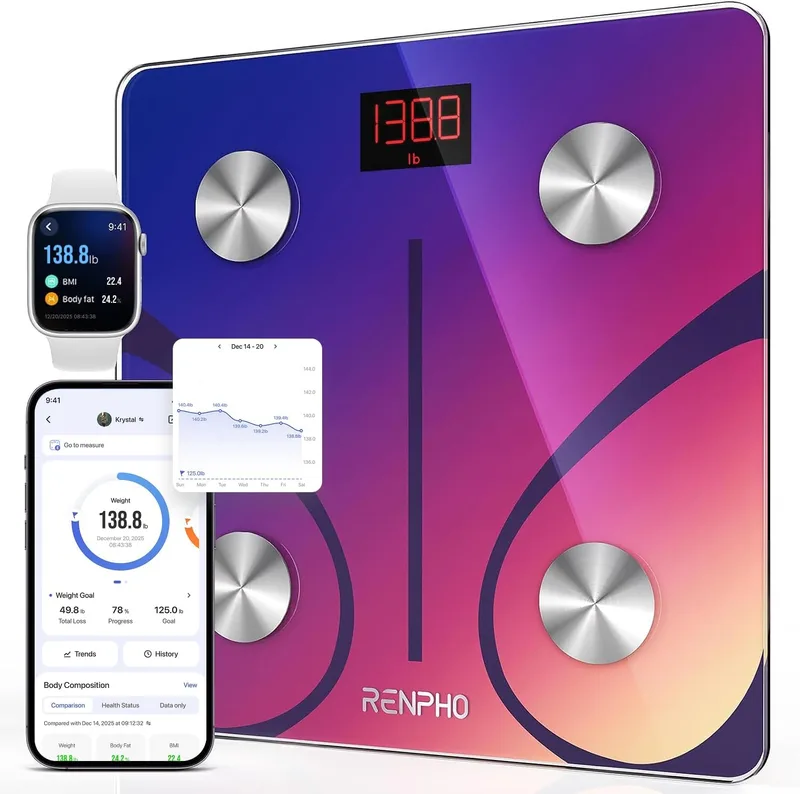 RENPHO ▫️ Balança digital de casa de banho digital para gordura corporal, balança inteligente Bluetooth com aplicação, monitores de balança eletrónica analógica com análise corporal, 13 medições de peso IMC visceral, vermelho, Elis 1