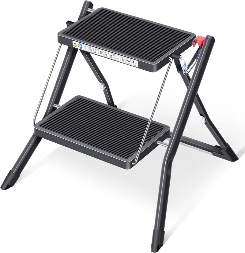 KINGRACK ▫️ Banco dobrável com tapete de borracha antiderrapante e banco de cozinha em aço leve, suporta até 150 kg (2 degraus - Preto)