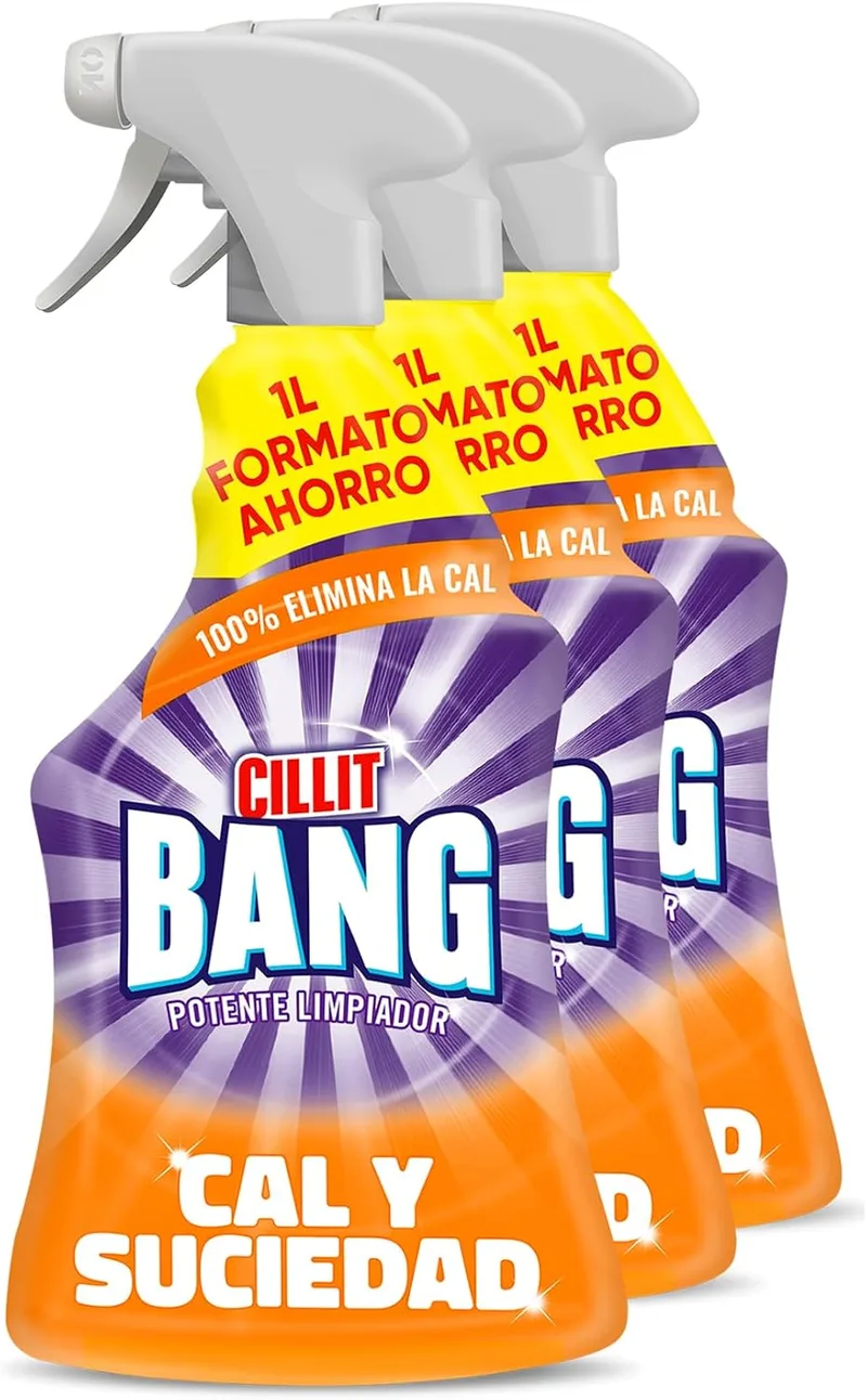 BANG ▫️ Cillit Calcário e Sujeira, potente produto de limpeza para casa de banho e cozinha, em formato de spray – Embalagem de 3 x 1 L, total de 3 L