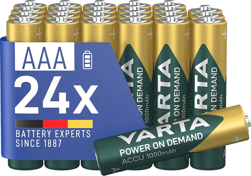 Varta ▫️ Pilhas AAA, recarregáveis, embalagem de 24, Recharge Accu Power on Demand, bateria recarregável, 1000 mAh Ni-MH, sem efeito de memória, pré-carregadas, prontas a usar