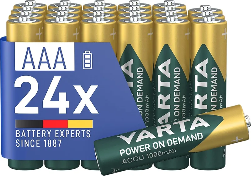 Varta ▫️ Pilhas AAA, recarregáveis, embalagem de 24, Recharge Accu Power on Demand, bateria recarregável, 1000 mAh Ni-MH, sem efeito de memória, pré-carregadas, prontas a usar | pilha Ni-MH, tamanho HR03 1,2 V, pré-carregadas, prontas a usar, sem efeito de memória, para acessórios de computador