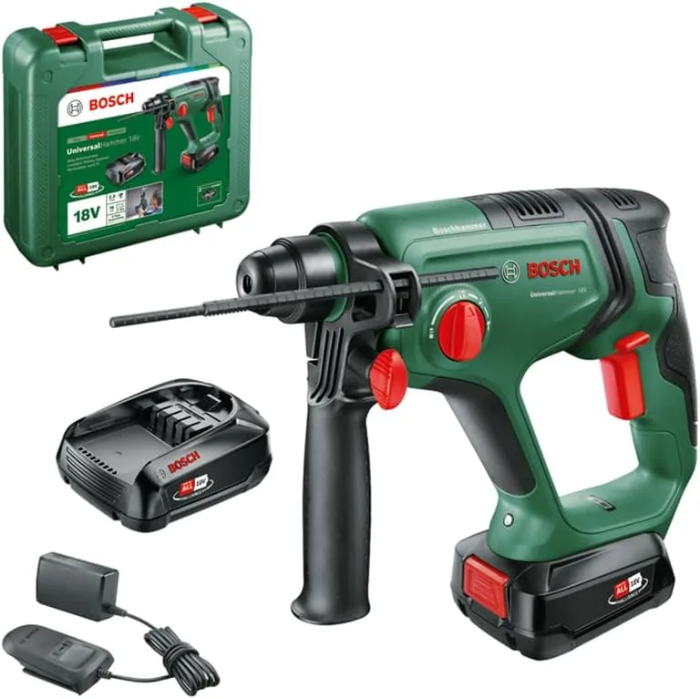 Bosch ▫️ Berbequim de martelo sem fios Universalhammer 18V (2 baterias de 2,5 Ah, sistema de 18V; berbequim/perfurador/martelo; potência de impacto de 2 J, SDS Plus, mala de transporte)