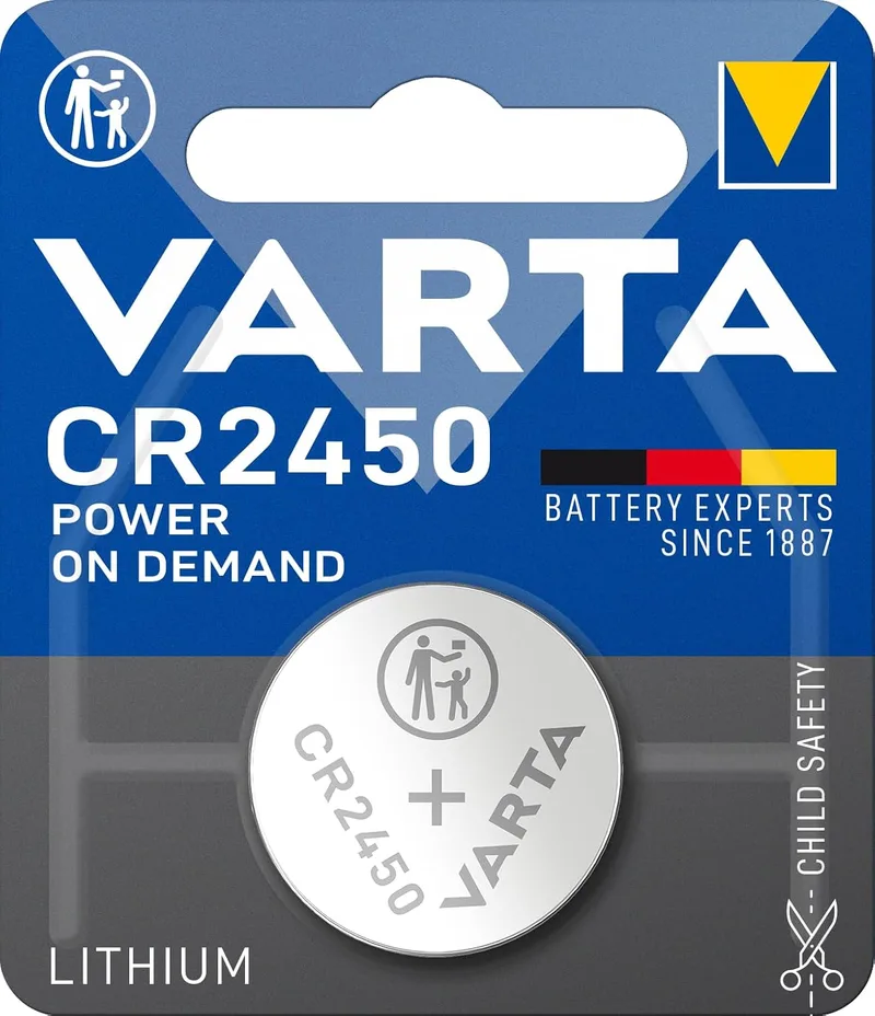 Varta ▫️ Pilhas de botão CR2450, embalagem de 10 unidades, Power on Demand, lítio, 3 V, embalagem à prova de crianças, para dispositivos Smart Home, chaves de carro e outras aplicações