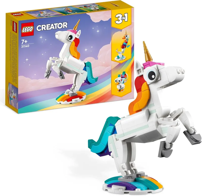 LEGO Creator 3 em 1 Unicórnio Mágico - Cavalo Marinho ou Pavão Figura de Animal Transformável - Prenda Criativa para Raparigas e Rapazes 7+ Anos 31140