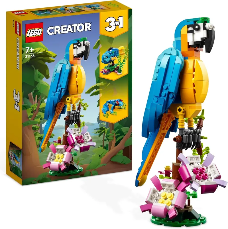 LEGO ▫️ Creator 3 em 1: Papagaio Exótico, Peixe ou Rã, Figuras de Animais de Brincar para Construir, Presente para Meninos e Meninas a partir dos 7 Anos, Conjunto Criativo 31136