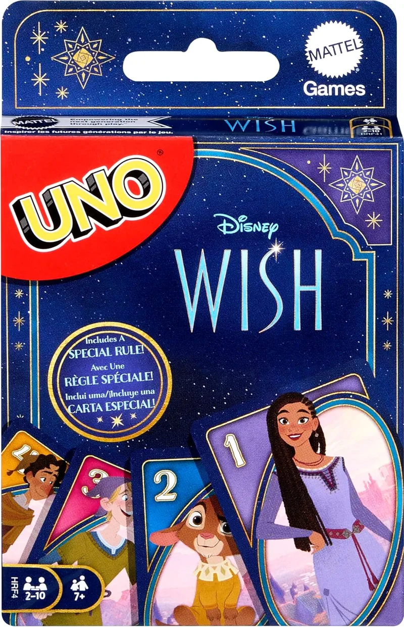 Mattel Games ▫️ UNO - Jogo de cartas Disney Wish para crianças, noites em família e adultos, com personagens do filme e uma regra especial, para 2 a 10 jogadores