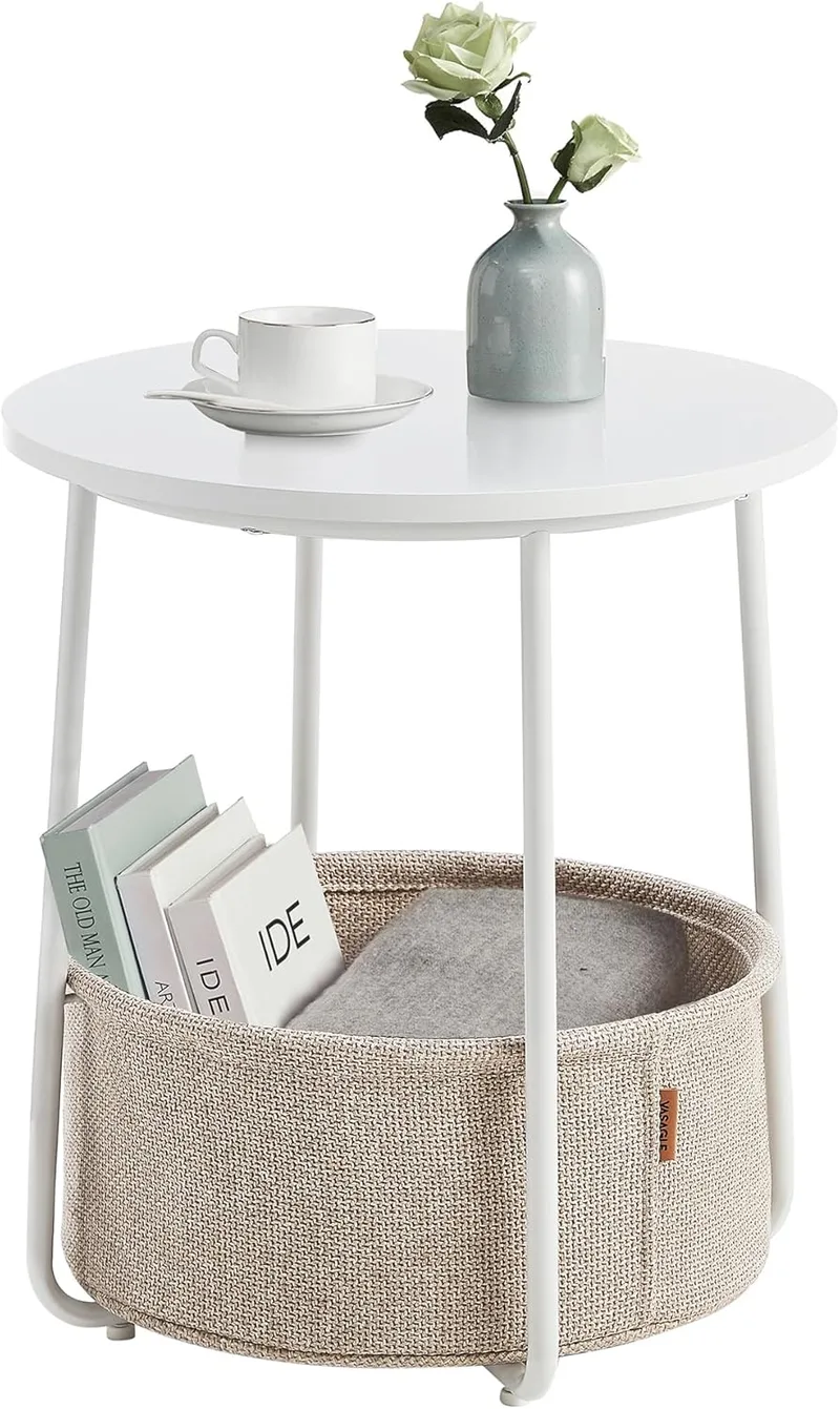 VASAGLE ▫️ Mesa de centro redonda pequena com cesto de pano, arrumação para sala de estar, quarto, estilo moderno, branco mate e castanho, camel LET223W10