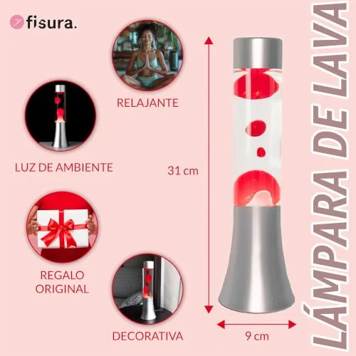 Fisura ▫️ Lâmpada de lava vermelha. Lâmpada de lava de 30 cm com base prateada, líquido transparente e lava vermelha. Lâmpada com efeito relaxante. 9x9x30 cm 2