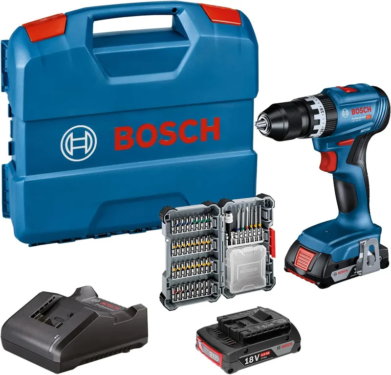 Bosch Professional ▫️ Berbequim de percussão a bateria 18V System GSB 18V-45 (velocidade de rotação de 1900 rpm, inclui 2 baterias de 2,0 Ah, acessórios, GAL 18V-20, L-Case) – Conjunto exclusivo da Amazon