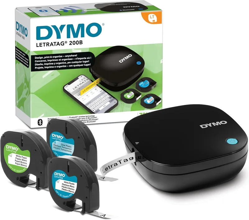 DYMO ▫️ Impressora de etiquetas Bluetooth LetraTag 200B | Impressora de etiquetas compacta | Liga-se através da tecnologia sem fios Bluetooth a iOS e Android | Inclui 3 fitas de etiquetas