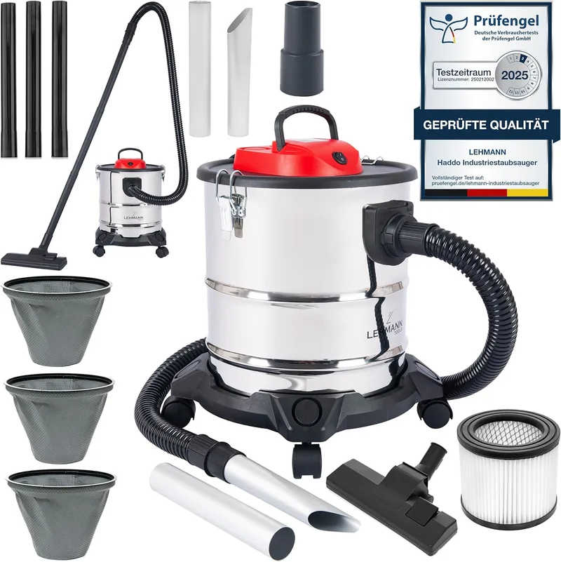 LEHMANN ▫️ Aspirador Industrial de 2000 W, Aspirador de Cinzas com Depósito de 20 litros em Aço Inoxidável, Filtro HEPA, Sistema de Filtragem Duplo, Função de Soprador, Alcance de até 6 m, Prateado