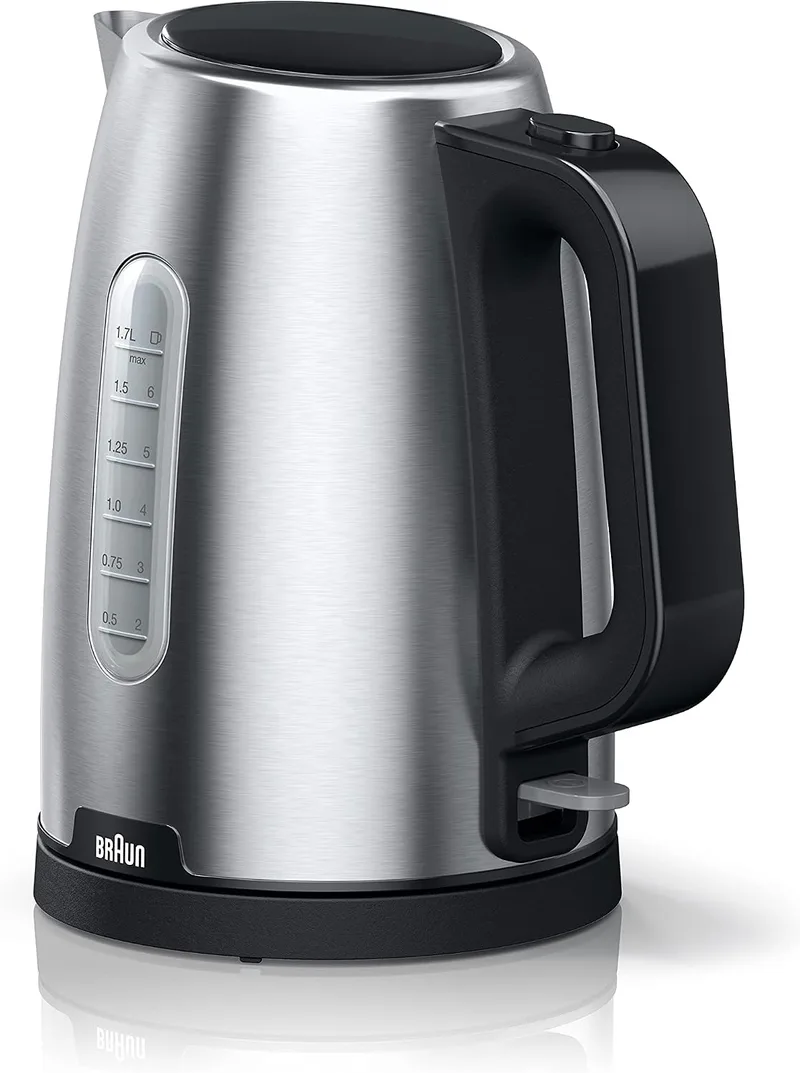 Braun ▫️ Fervedor elétrico PurShine, base giratória a 360°, indicador do nível de água, compartimento para guardar o cabo, função de desligamento automático, capacidade de 1,7 L, WK1500BK, 2200 W, preto