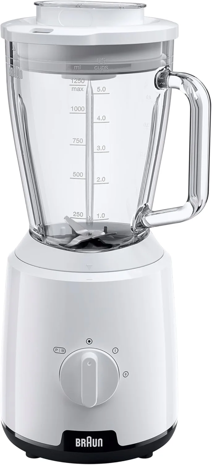 Braun ▫️ PowerBlender 1, liquidificadora com jarro único triangular em vidro, 2 velocidades, função de triturar gelo, JB1050WH, 600W, branco