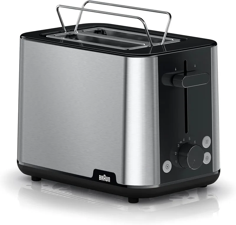 Braun ▫️ Tostadeira PurShine, Tostadeira de 2 ranhuras, 8 níveis de torragem, funções de reaquecimento e descongelação, tabuleiro recolhedor de migalhas, HT1510BK, 900 W, Preto