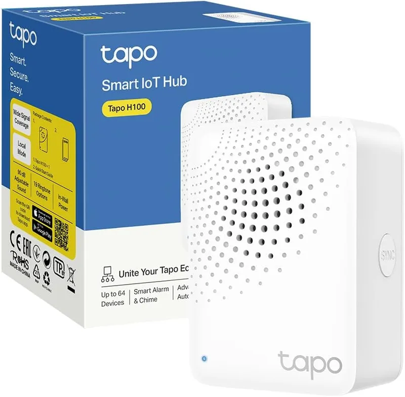 Tapo ▫️ H100 – Concentrador inteligente com 19 tons, controlo centralizado da casa inteligente, ligação Wi-Fi para até 64 dispositivos, alarme inteligente, Plug & Play