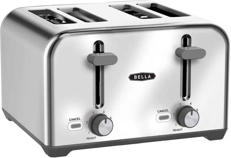 BELLA ▫️ Torradeira bonita de 4 fatias com desligamento automático. Ranhuras extra largas e tabuleiro de migalhas amovível. Função de cancelamento, descongelação e reaquecimento. Aço inoxidável