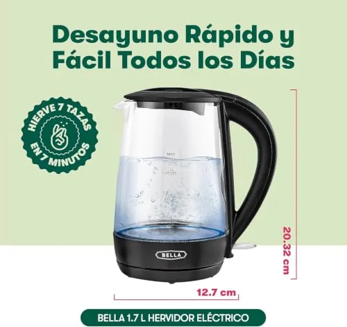 BELLA ▫️ Bela chaleira elétrica de vidro com 1,7 L. Ferve rapidamente 7 chávenas de água em 6-7 minutos, com luzes LED azuis suaves que se acendem durante a ebulição; chaleira portátil sem fios. 2