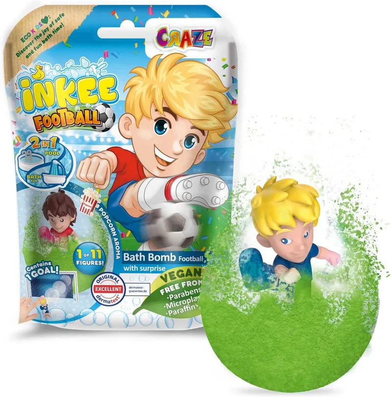 INKEE ▫️ Bomba de Banho Infantil com Figura Surpresa de Jogador de Futebol, Bomba de Banho Perfumada com Pipocas, Cor verde ou azul, 80g, 1 de 6 modelos