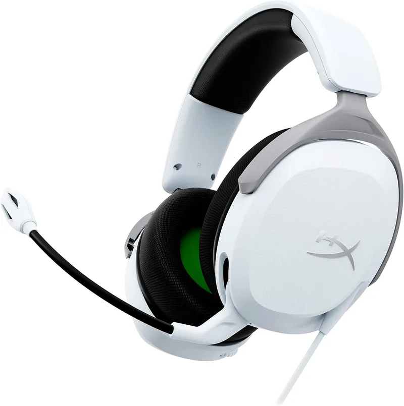 HyperX ▫️ CloudX Stinger 2 Core, Headset Gaming para Xbox One e Série X/S, Drivers de 40 mm e Áudio Surround, 3,5 mm, Microfone Dobrável com Cancelamento de Ruído, Licença Oficial Xbox - Branco/Verde