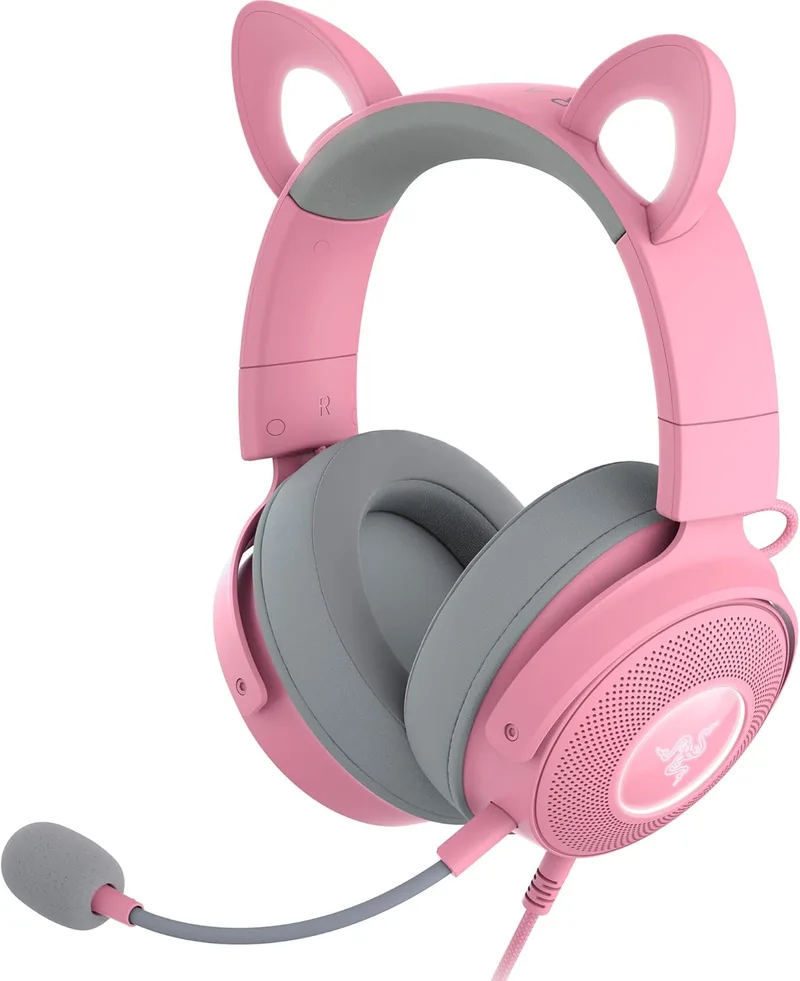 Razer ▫️ Kraken Kitty V2 Pro - Auscultadores para jogos RGB com fio e orelhas intercambiáveis (orelhas intercambiáveis de gatinho, urso e coelhinho, iluminação reativa durante a transmissão) Quartzo Rosa