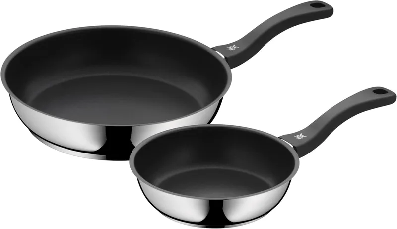 WMF Devil - Conjunto de 2 frigideiras antiaderentes 20-28 cm, frigideira de aço inoxidável com revestimento antiaderente para todos os tipos de fogões, incluindo de indução, cor preta