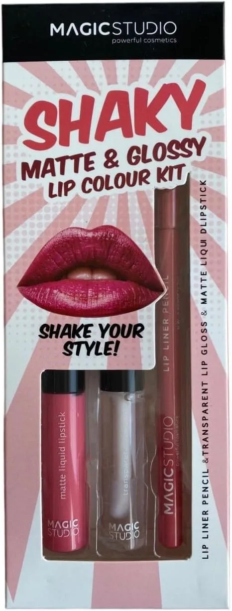 Magic Studio ▫️ Kit de Batom Mate e Brilhante Shaky : Lápis de Contorno para os Lábios, Brilho Labial Transparente e Batom Líquido Mate