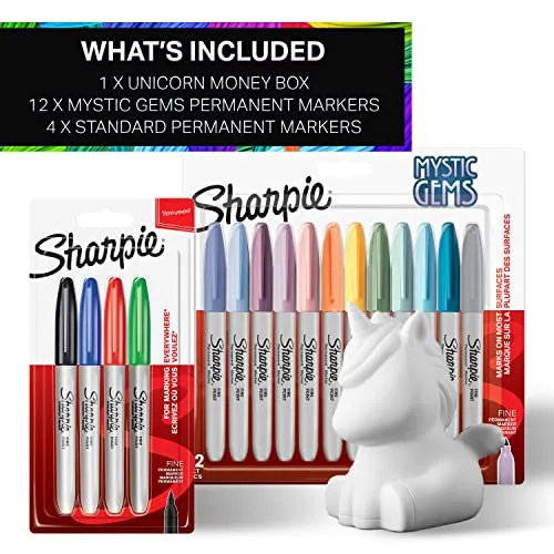 Sharpie ▫️ Conjunto de presente com marcadores permanentes, mealheiro em forma de unicórnio e marcadores, ponta fina, sortido de cores Mystic Gem, 16 unidades, presentes com tema de unicórnio para meninos e meninas 6
