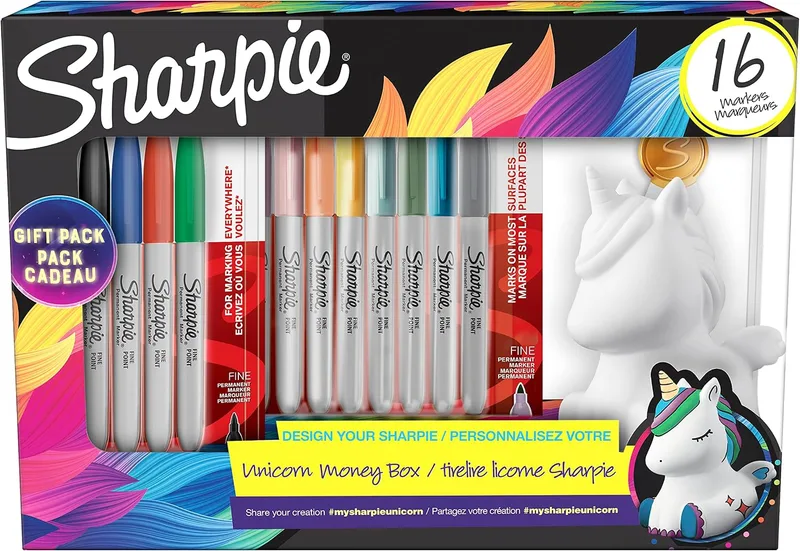 Sharpie ▫️ Conjunto de presente com marcadores permanentes, mealheiro em forma de unicórnio e marcadores, ponta fina, sortido de cores Mystic Gem, 16 unidades, presentes com tema de unicórnio para meninos e meninas