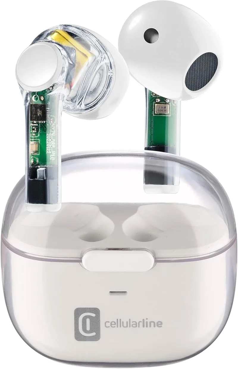 cellularline ▫️ Fine Transparent - Auscultadores intra-auriculares sem fios Bluetooth TWS com estojo de carregamento - 3,5 horas de reprodução - 4 vezes de carregamento - Controlos tácteis e emparelhamento automático - Branco
