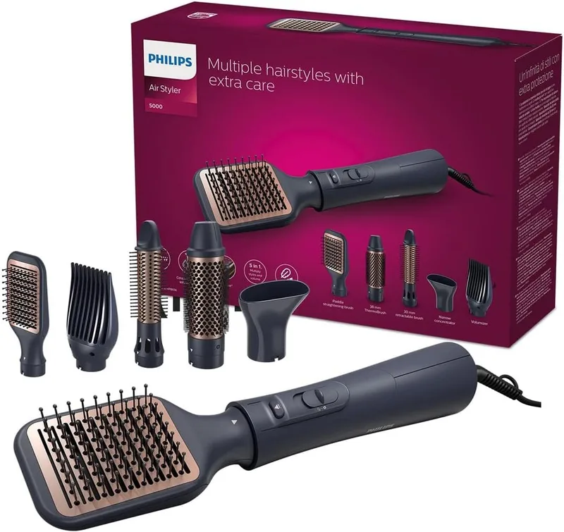 Philips ▫️ Escova para penteados série 5000, 5 acessórios para alisar, dar volume ou ondular, iónica, BHA530/00, preto