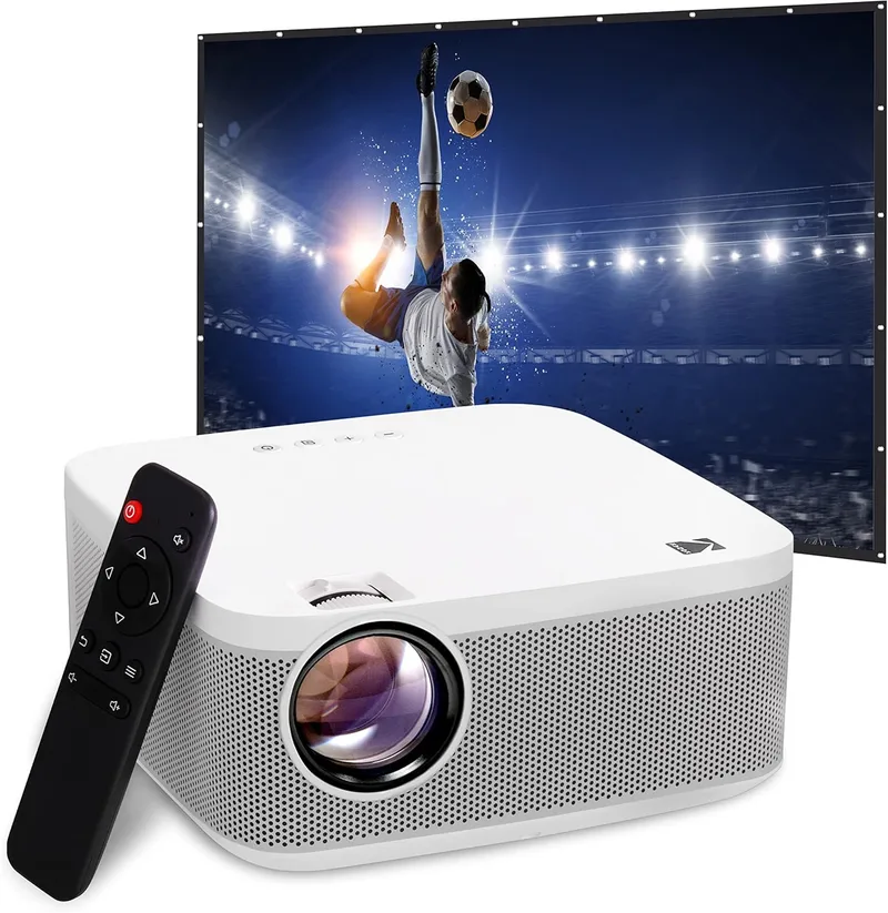 KODAK ▫️ Kit de projetor multimédia FLIK X10 Full HD, sistema de cinema em casa compacto e portátil de 1080p com ecrã de projeção de 100" e controlo remoto