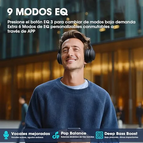 DOQAUS ▫️ Auscultadores Bluetooth com arnês, aplicação e 9 modos de equalização, Preto 2