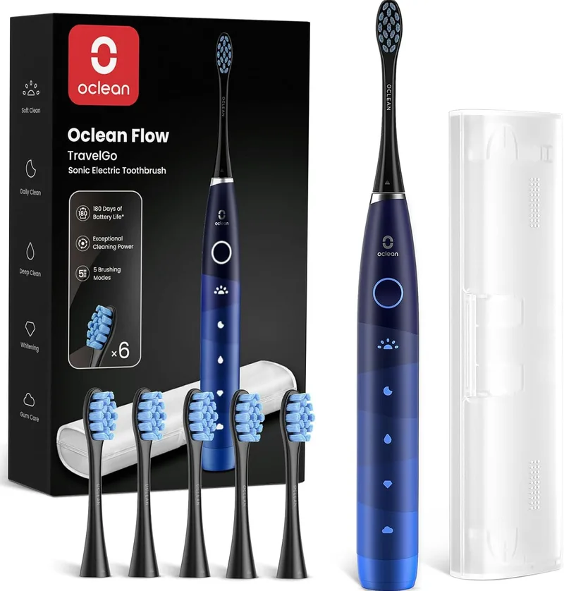 Oclean ▫️ Escova de dentes eléctrica sónica TravelGo FlowSet, recarregável a cada 180 dias, 5 modos, à prova de água IPX7, temporizador de 2 minutos, 6 cabeças de escova DuPont™, estojo de viagem, azul