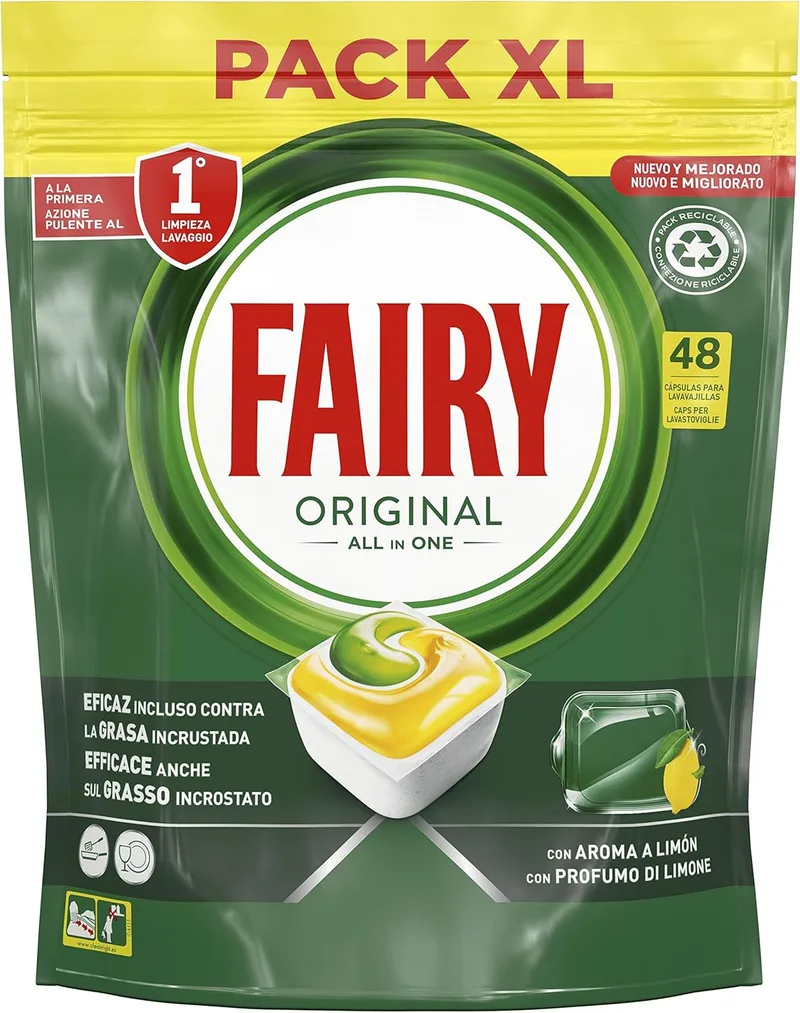 FAIRY ▫️ Original All In One Dishwasher Tablets, 48 Cápsulas para Máquina de Lavar Louça, Remove Gordura Seca, Detergente para Máquina de Lavar Louça, Fragrância de Limão