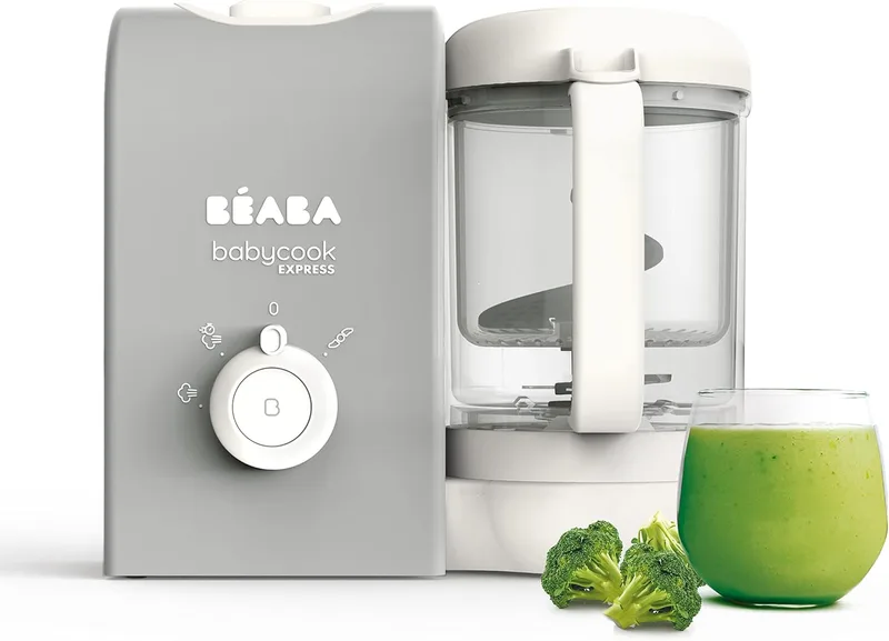 BEABA, Babycook Express, Processador de alimentos para bebés 4 em 1, Cozedura rápida 15min, Mistura personalizada, Cozedura a vapor suave e saudável, Descongelação, Textura homogénea, Capacidade 1 250 ml, cinzento