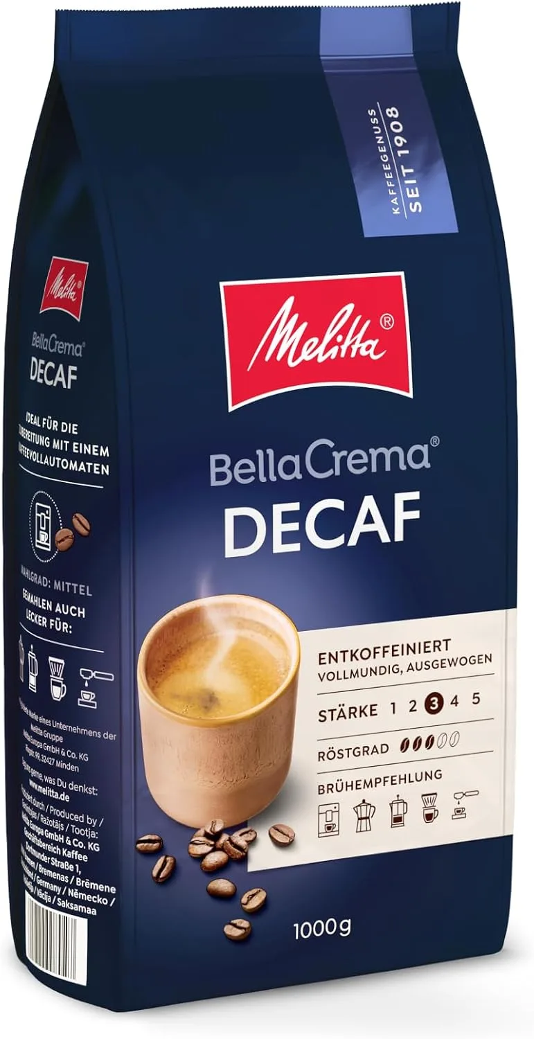 Melitta ▫️ BellaCrema - Grãos de café descafeinados inteiros, 1 kg, não moídos, grãos de café para máquina de café automática, sem cafeína, torra suave, torrados na Alemanha, intensidade 3