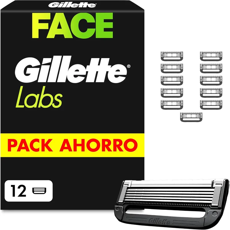 Gillette ▫️ Labs Recargas para máquinas de barbear, embalagem de 12 lâminas de barbear para homem com 5 lâminas e faixa lubrificante, compatíveis com todas as máquinas de barbear Labs
