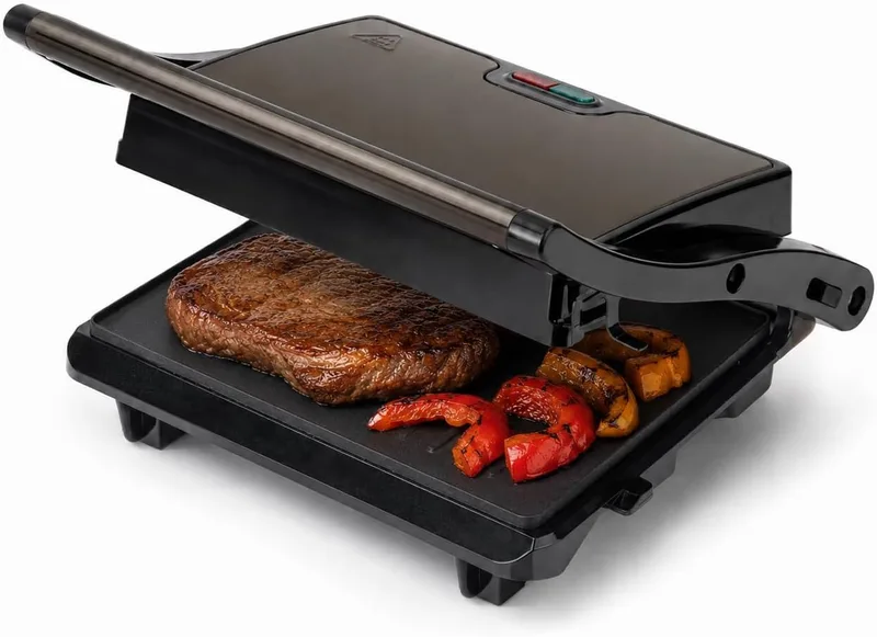 Jata ▫️ JEGR1106 Grelhador Elétrico 750 W, placas lisas antiaderentes de 22,5 x 14,6 cm, cozinha todo o tipo de alimentos, tampa superior basculante, abertura de 180°