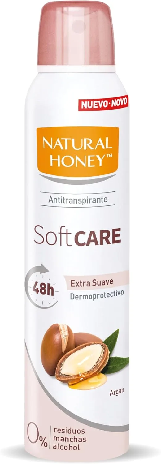 Natural Honey ▫️ Antitranspirante Soft Care com Argan, desodorizante em spray sem álcool, proteção suave contra o odor durante 48 horas, fórmula anti-manchas, fragrância com extractos naturais, 200 ml