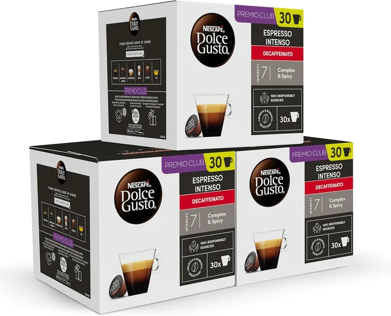 Nescafé Dolce Gusto ▫️ Espresso Intense Descafeinado - Cápsulas de Café, 90 Cápsulas (3x30) - Original para máquinas de café Dolce Gusto