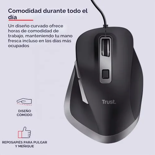 Trust ▫️ Rato de computador USB Fyda com apoio para o polegar e o mindinho, preto 4