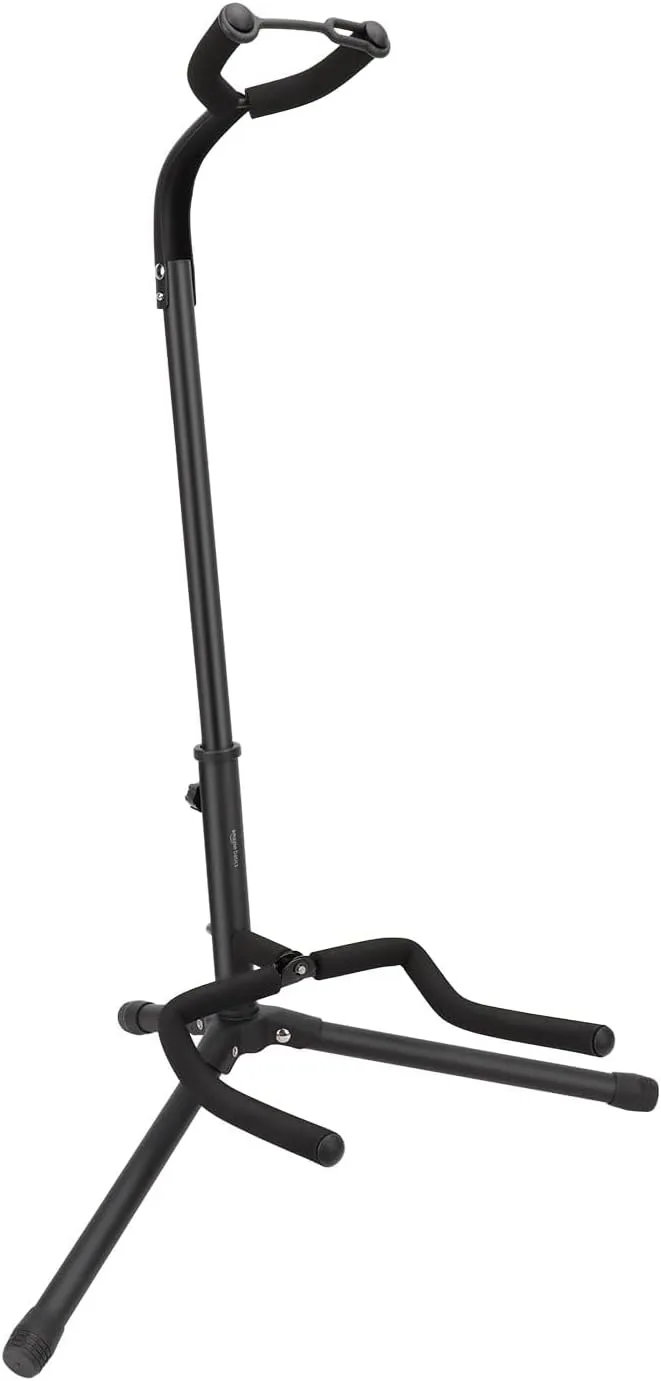 Amazon Basics ▫️ Suporte Portátil Dobrável para Guitarra, Design em Tripé Leve com Almofada Antiderrapante, Altura Ajustável para Guitarras Acústicas, Elétricas e Baixos, Preto